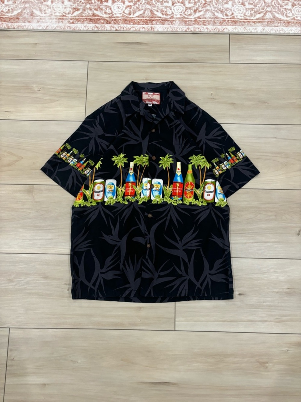 90s Vintage Tropical Bottle-Striped Black Hawaiian Button-Down Shirt